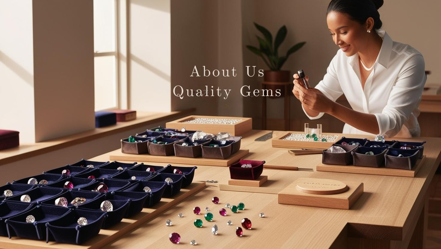 A gemstone seller carefully examines a sparkling gemstone under a magnifying loupe, with trays of colorful gems and soft lighting highlighting the stone’s clarity and brilliance